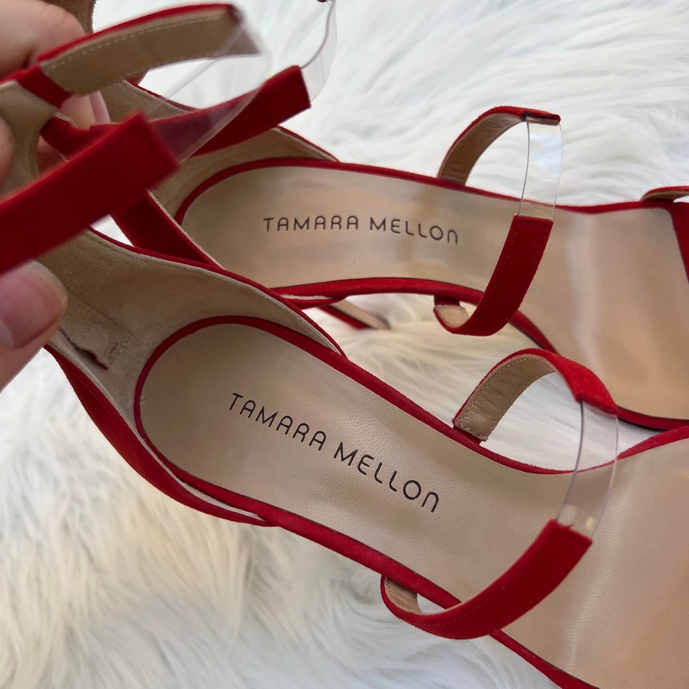 Tamara Mellon Reverse Frontline 105 Red Suede Heeled Sandals Women's Size 37.5 - Picture 7 of 11